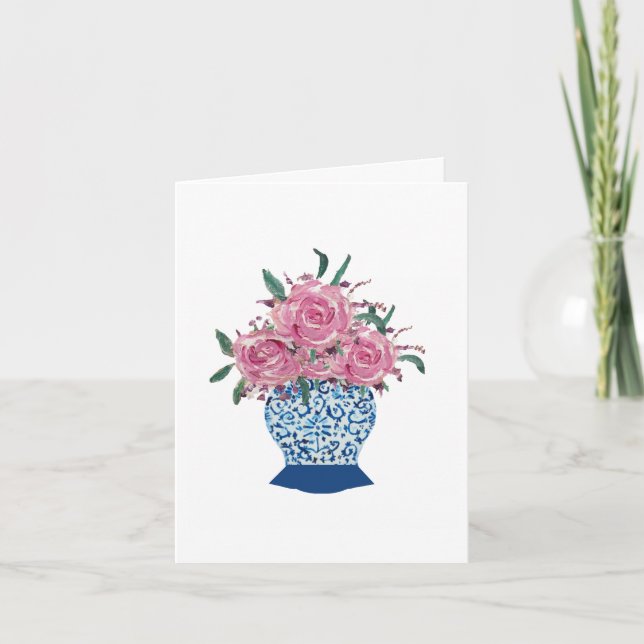 Roses Blue White Ginger Jar Folded Note Card (Front)