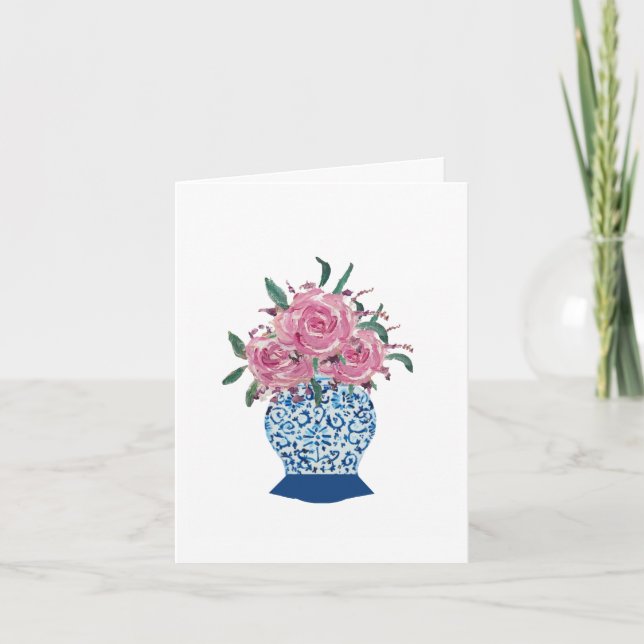 Roses Blue  White Ginger Jar Greeting Card (Front)