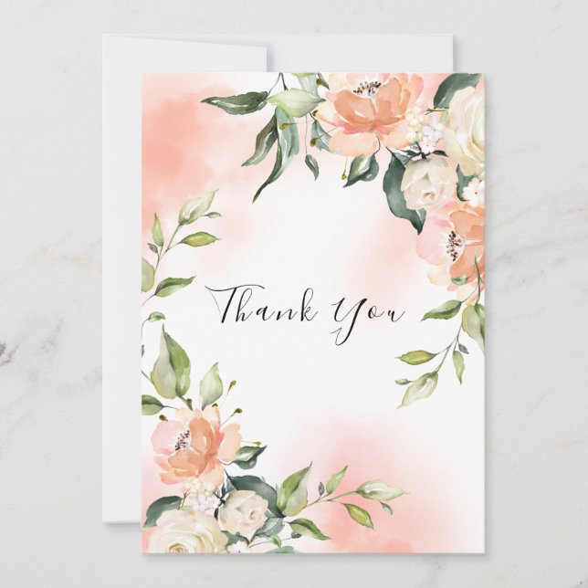 Roses Blush|Gold Watercolor Elegant Wedding Thank You Card (Front)