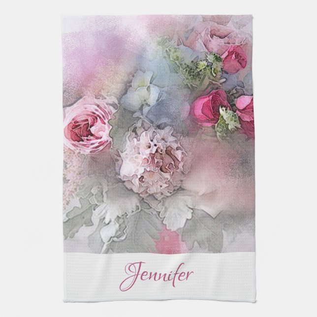 Roses Bouquet Personalised Modern Floral Art Tea Towel (Vertical)
