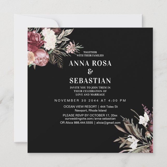 *~* Roses Burgandy Floral AR15 RSVP +  WEDDING Invitation (Front)