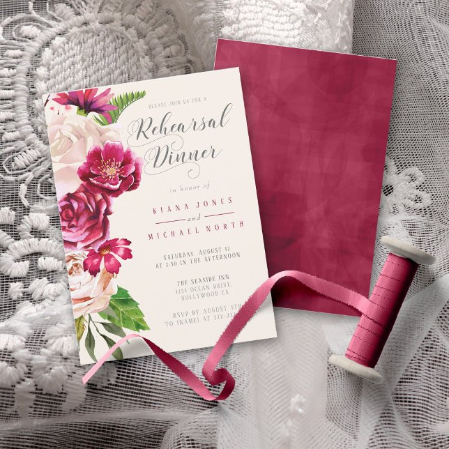 Roses Burgundy/Cream Rehearsal Dinner ID584 Invitation (Front/Back In Situ)