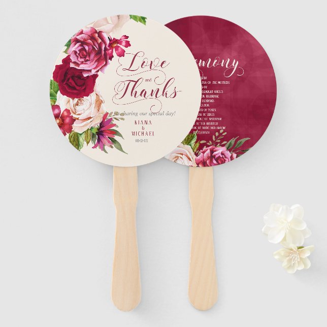 Roses Burgundy/Cream Wedding Ceremony ID584 Hand Fan (Front and Back)