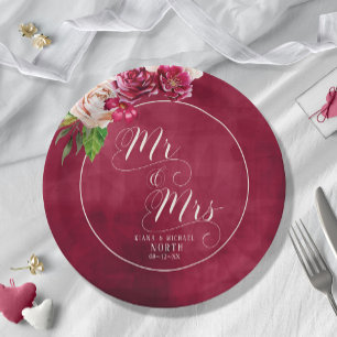 Roses Burgundy/Cream Wedding Mr and Mrs ID584 Paper Plate