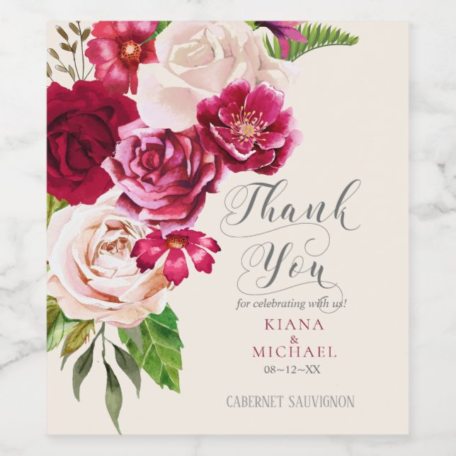 Roses Burgundy/Cream Wedding Thank You ID584 Wine Label (Single Label)