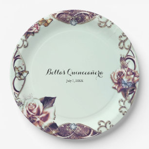 Roses & Butterflies Bronze Sparkle Party Paper Plate