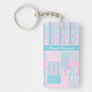 Roses, Butterflies, Faux Patchwork Custom Keychain