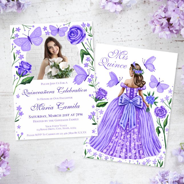 Roses + Butterflies Lilac Quinceanera Photo Invitation (Roses + Butterflies Lilac Quinceanera Photo Invitation)