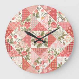 Roses Butterflies Seamless Patchwork Large Clock