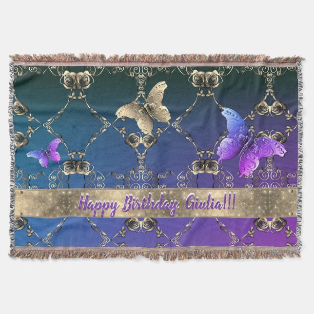 Roses Butterfly Purple Throw Blanket (Front)