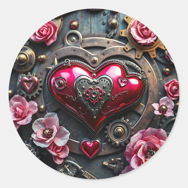Roses, Copper Heart and Metal Gears Steampunk Classic Round Sticker (Front)
