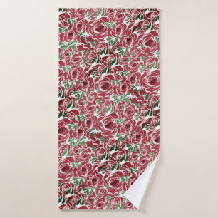 Roses Country red green vintage floral Bath Towel Set