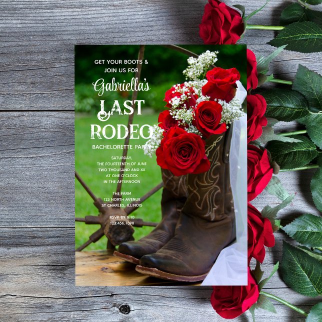 Roses Cowboy Boots Last Rodeo Bachelorette Party Invitation (Creator Uploaded)