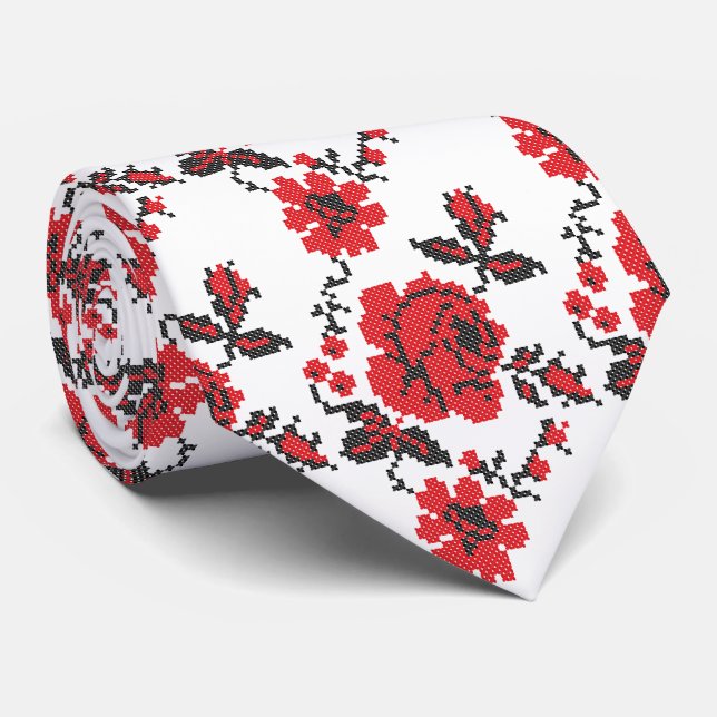 Roses cross-stitch pattern tie (Rolled)