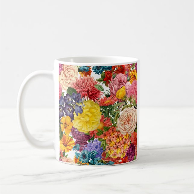 Roses, dahlia and marigold flower pattern coffee mug (Left)