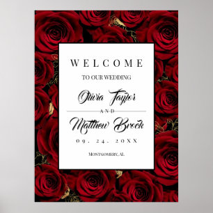 Roses Dark Gold Burgundy Welcome Wedding Sign