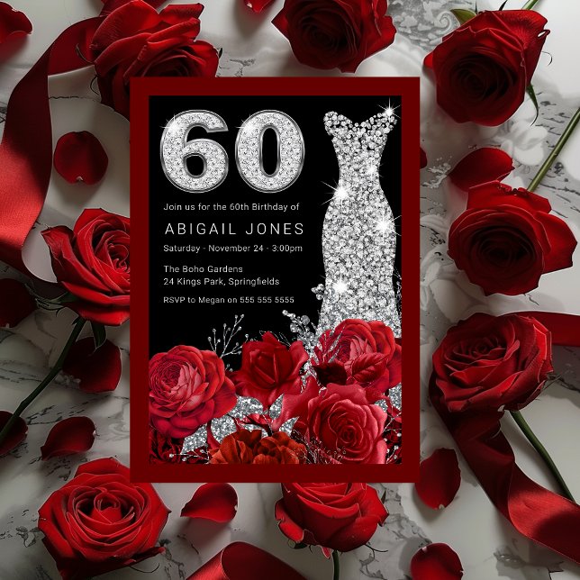Roses & Diamond Dress Red Border 60th Birthday Invitation (Creator Uploaded)