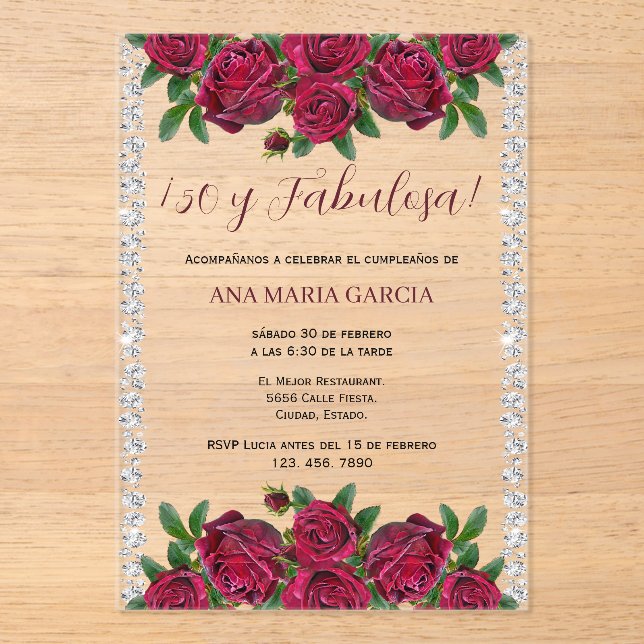 Roses & Diamonds Feminine 50th Birthday Spanish Acrylic Invitations (Front)