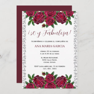Roses & Diamonds Feminine 50th Birthday Spanish Invitation