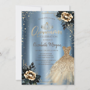 Roses Dress,Diamonds Blue Metallic Quinceañera   Invitation