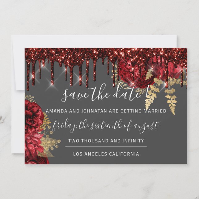 Roses Drips Burgundy Maroon Marsala Floral Wrath Save The Date (Front)