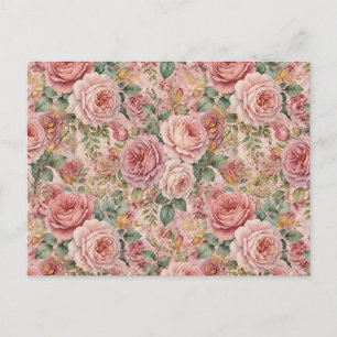 Roses Dusty Rose Charming Artistic Sage Green Gold Holiday Postcard