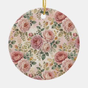 Roses Dusty Rose Elegant Charm Sage Green Gold Ceramic Ornament