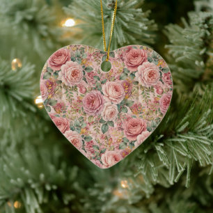 Roses Dusty Rose Elegant Charm Sage Green Gold Ceramic Ornament