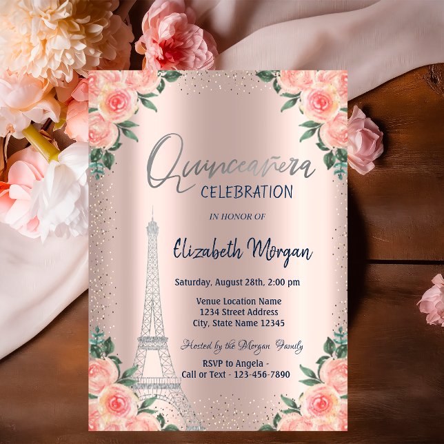 Roses,Eiffel Tower,Flowers,Rose Gold Quinceañera Invitation (Creator Uploaded)
