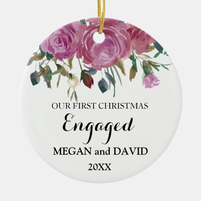 Roses elegant First Christmas Engaged or married Ceramic Ornament (Front)
