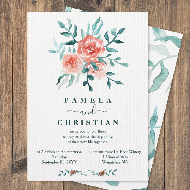 Roses, Eucalyptus, Winter Leaf Wedding Invitation (winter light pink light eucalyptus green leaves wedding invitations floral pink bouquet watercolor)