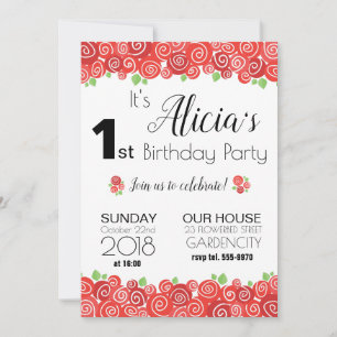 Roses floral 1st birthday party girl invitation