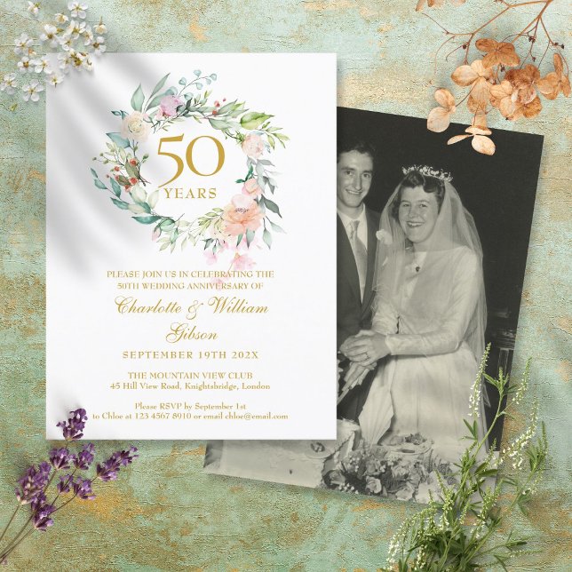 Roses Floral 50th Golden Wedding Anniversary Photo Invitation Postcard (Creator Uploaded)