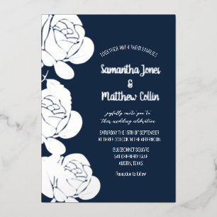 Roses Floral Boho Navy Blue Gold Foil Wedding