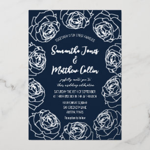 Roses Floral Boho Navy Blue Silver Foil Wedding
