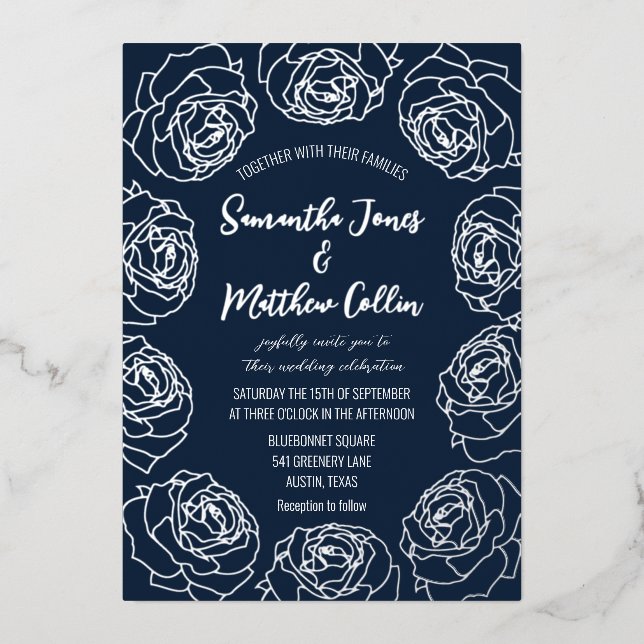Roses Floral Boho Navy Blue Silver Foil Wedding (Front)