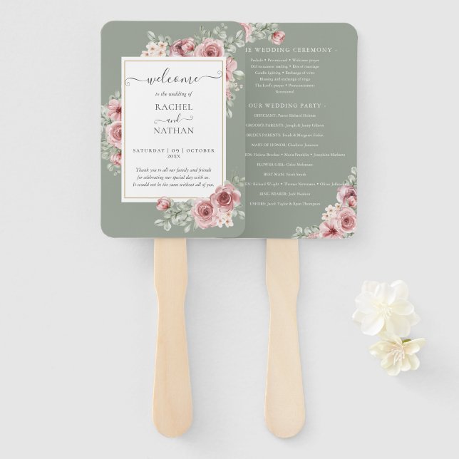 Roses Floral Elegant Sage Green Wedding Program Hand Fan (Front and Back)