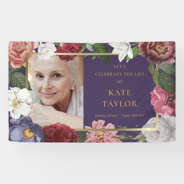 Roses Floral Funeral Memorial Photo Service Banner (Horizontal)