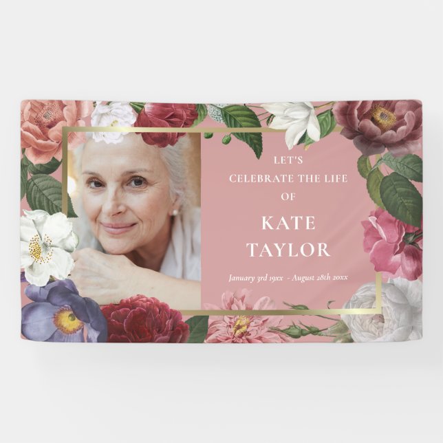 Roses Floral Funeral Memorial Photo Service Banner (Horizontal)