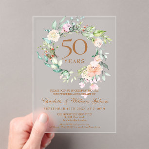 Roses Floral Garland 50th Wedding Anniversary Acrylic Invitations