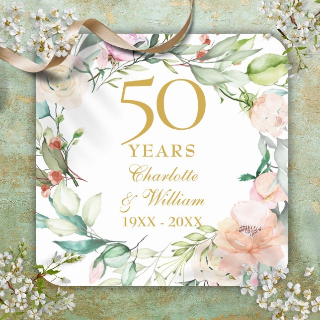 Roses Floral Garland 50th Wedding Anniversary Square Sticker (Roses Floral Garland 50th Wedding Anniversary Square Sticker)