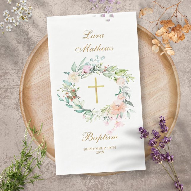 Roses Floral Garland Gold Baptism Christening Napkin (Roses Floral Garland Gold Baptism Christening Paper Guest Towels)