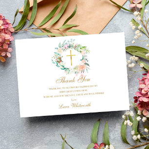 Roses Floral Garland Gold First Holy Communion Thank You Card