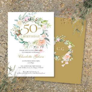 Roses Floral Garland Monogram 50th Birthday Invitation