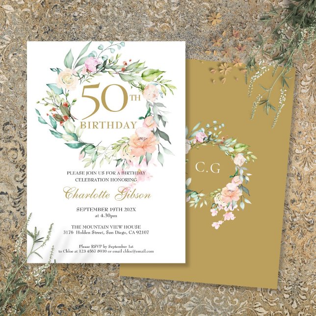 Roses Floral Garland Monogram 50th Birthday Invitation (Roses Floral Garland Monogram 50th Birthday Invitation)