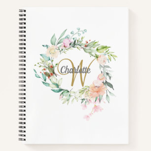 Roses Floral Gold Monogram Girly Script Notebook