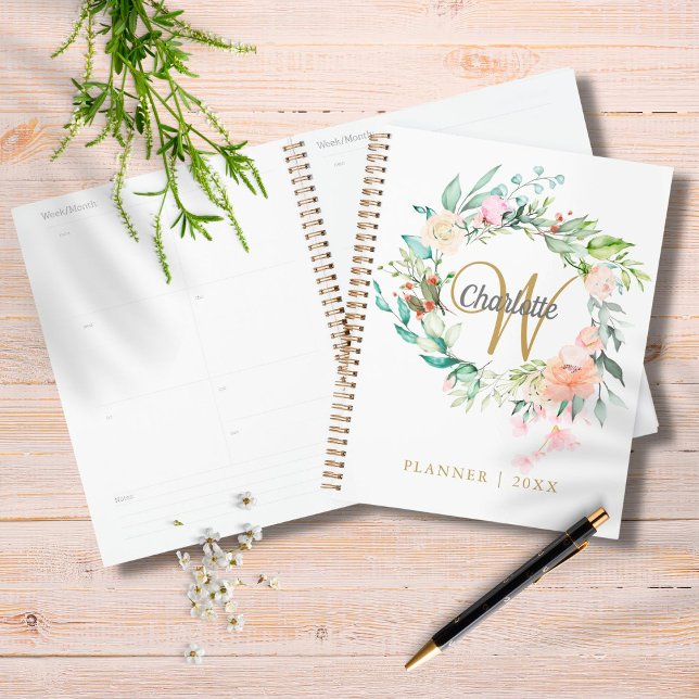 Roses Floral Gold Script Monogram 2023 Planner (Creator Uploaded)