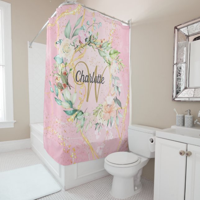 Roses Floral Gold Script Monogram Geode Agate Shower Curtain (In Situ)