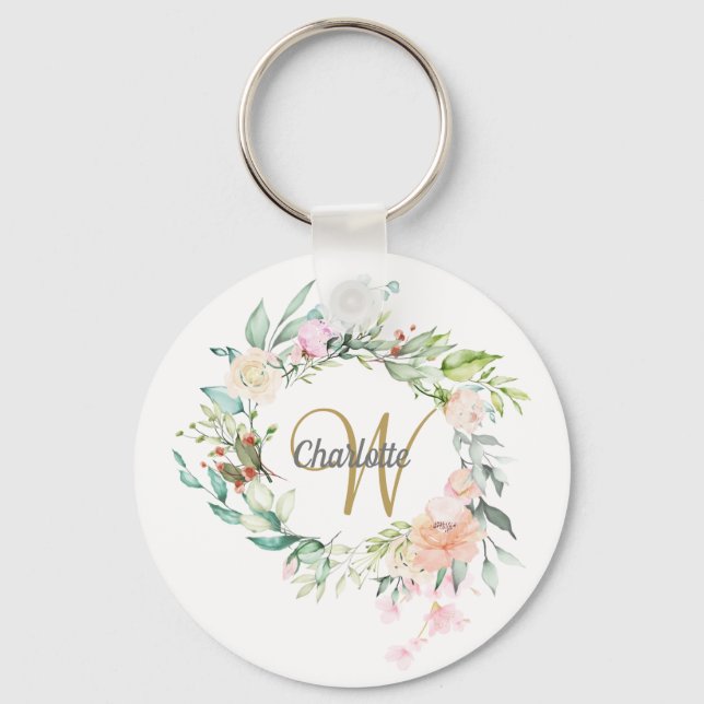 Roses Floral Gold Script Monogram Key Ring (Front)