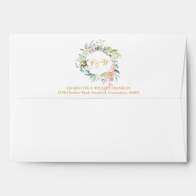 Roses Floral Gold Script Monogram Return Address Envelope (Back (Top Flap))